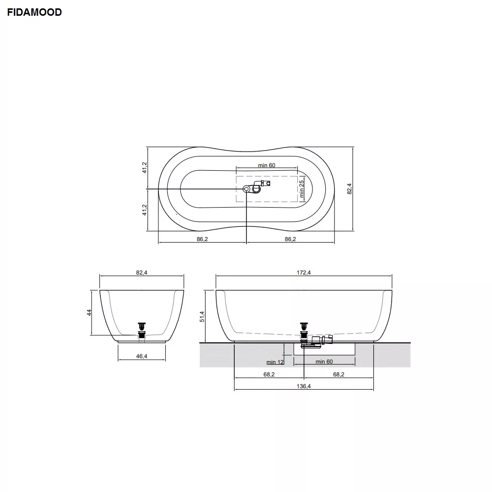 antoniolupi FIDA freistehende Oval-Badewanne, 170x80x55cm, weiß matt - FIDAMOOD-2